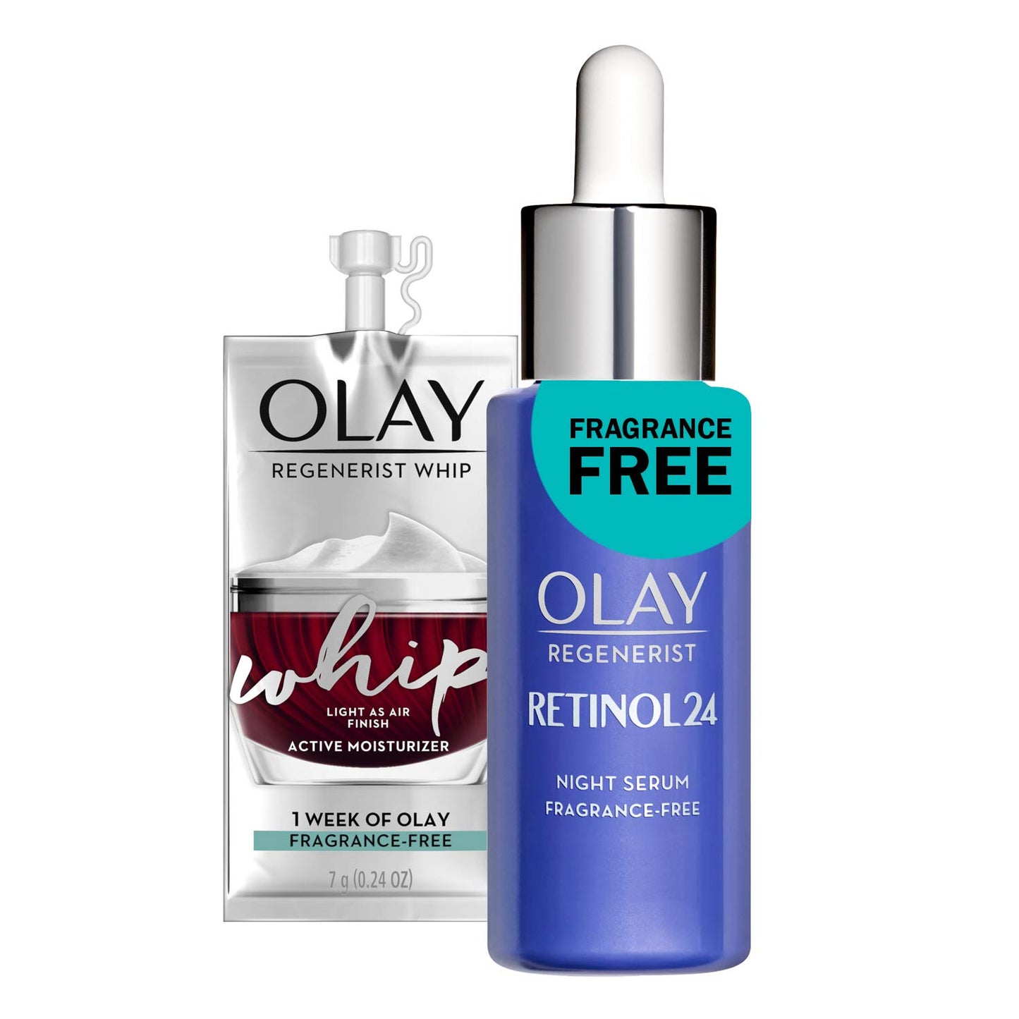 Olay Regenerist Retinol Face Serum, Retinol 24 Night Face Serum, 1.3oz + Whip Face Moisturizer Travel/Trial Size Gift Set