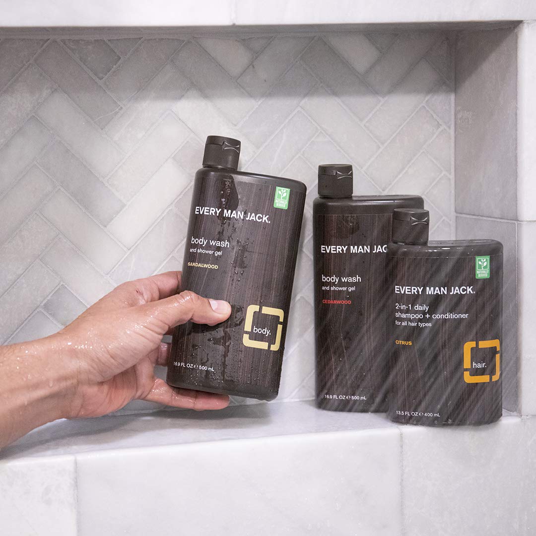 Every Man Jack Men's Body Wash Twin Pack - Sandalwood | 16.9-ounce - 2 Bottles Included | Naturally Derived, Parabens-free, Dye-free, and Certified