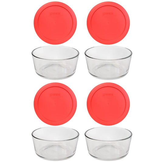 Pyrex Storage 4-Cup Round Dish with Red Plastic Cover, Clear (Case of 4 Containers)
