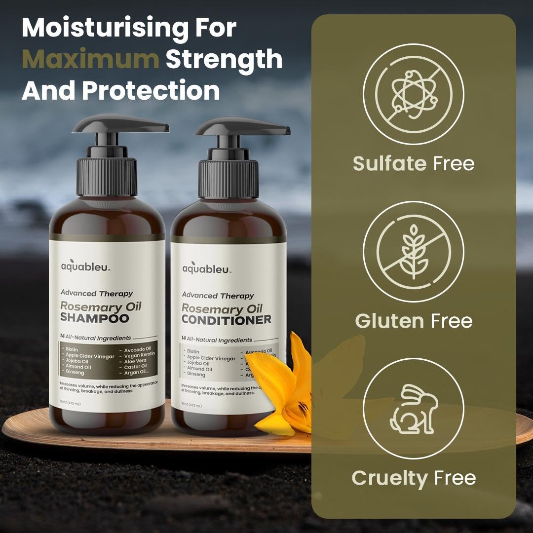 Aquableu Advanced Therapy Anti-Thinning Rosemary Oil Shampoo & Conditioner Set - Infused with 14 All-Natural Ingredients for Volume, Strength