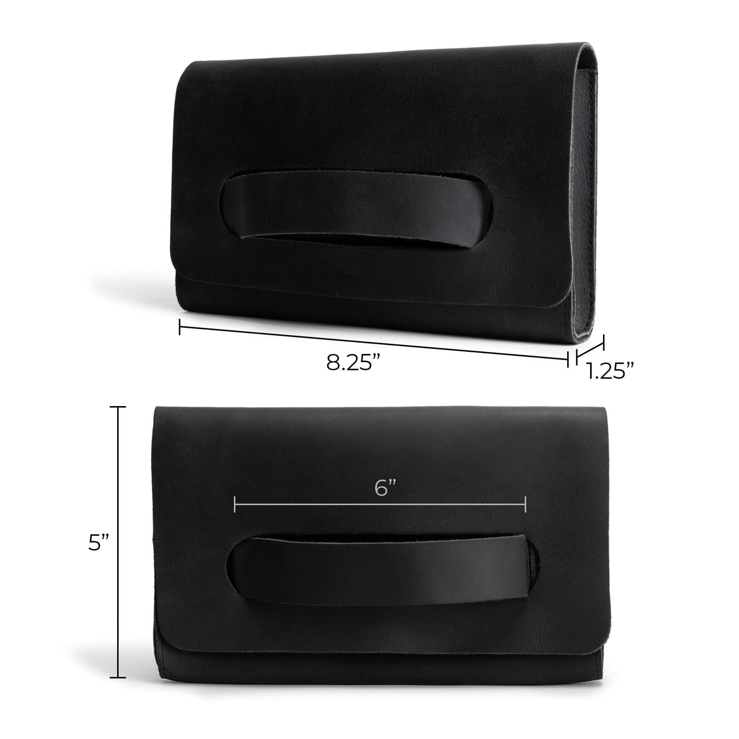 Hide & Drink, Rectangular Clutch Bag With Handle, Wallet for Cards, Money, Stylish Handbag, Full Grain Leather, Handmade, Black