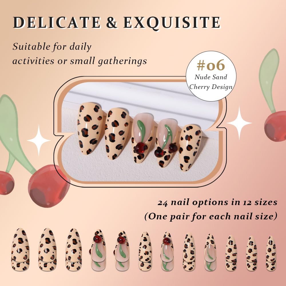 XZMeiLun Spring & Summer 3D Cherry Leopard Print Press On Nails, Medium Almond Cheetah French Tip, Salon Quality Designer Reusable Acrylic Fake Nails Beauty and Personal Care XZMeiLun