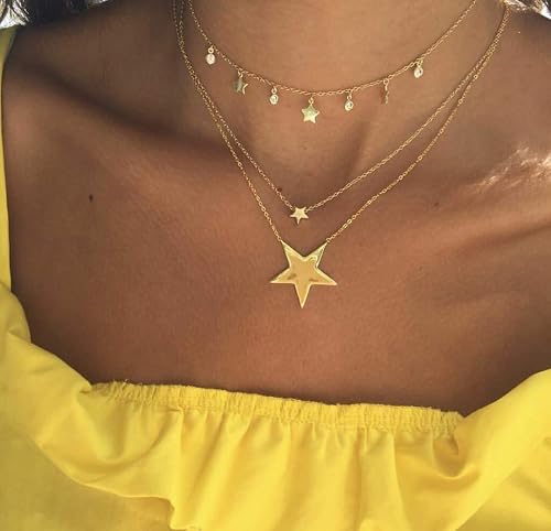 DoubleNine Large Star Crystal Pendant Gold Tassels Dangle Layered Necklace for Women Girls