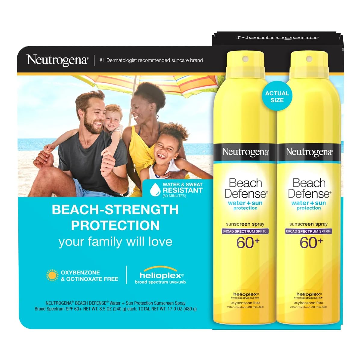 Neutrogena Beach Defense Sunscreen Spray SPF 60+, 8.5 oz, 2-pack, Water + Sun Protection, Lightweight, Fast Drying Broad-Spectrum Sun Protection