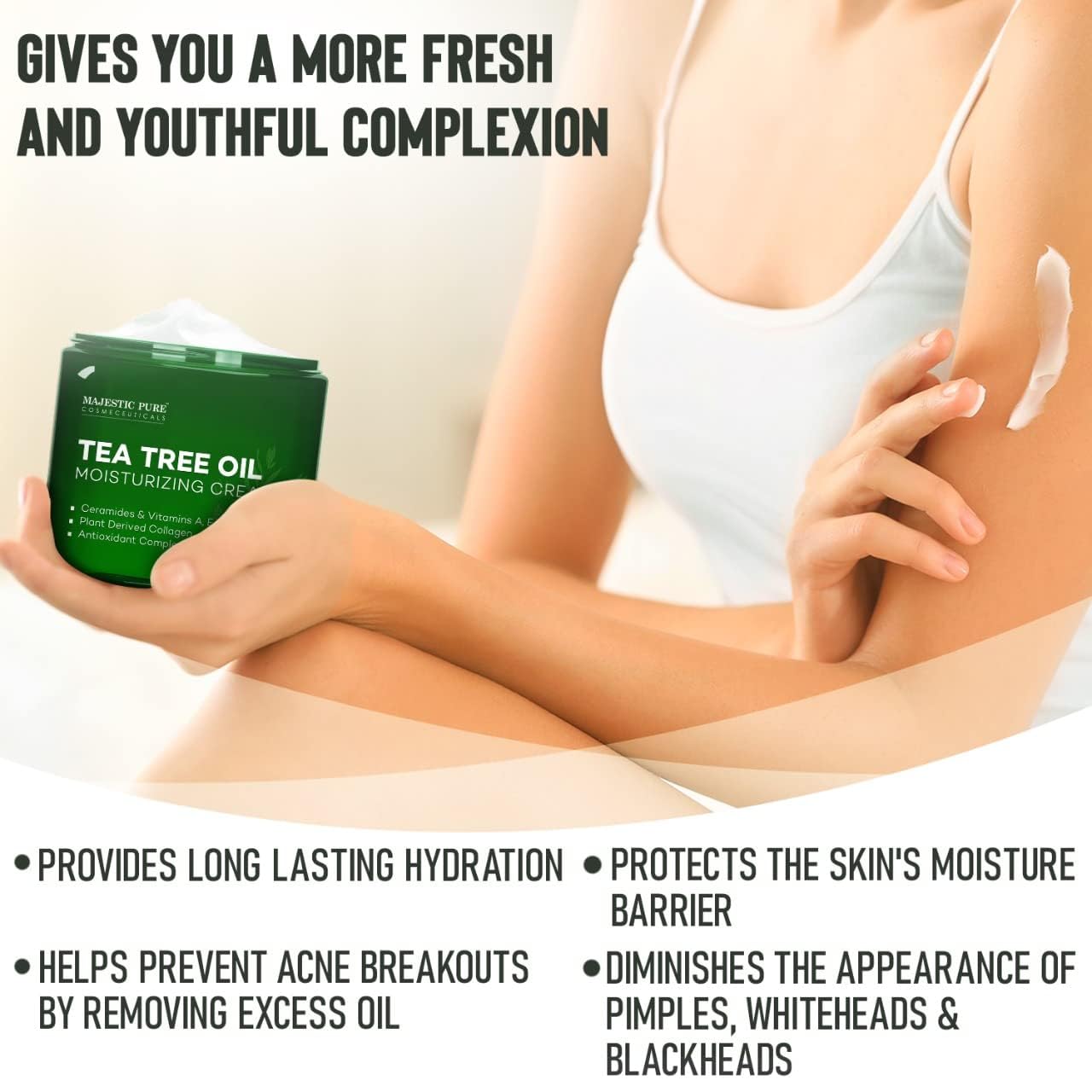 Majestic Pure Tea Tree Oil Moisturizing Cream - Body, Foot & Face Moisturizer - With Ceramides, Vitamins A E & Vegan Collagen - For Dry Skin, Oily