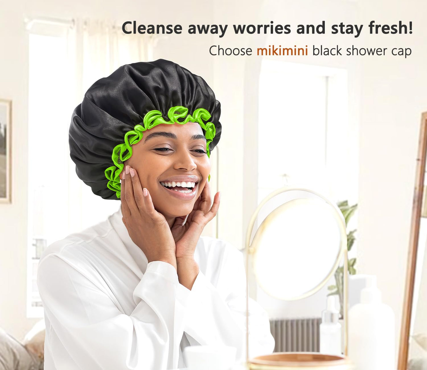 mikimini Black Shower Cap for Women, Men & Girls, 1 Pack, Reusable Double Layers Waterproof Bathing Shower Hat with Soft Comfortable PEVA Lining