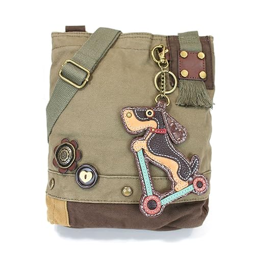 Chala Wiener Dog on Scooter Patch Crossbody Bag, Olive