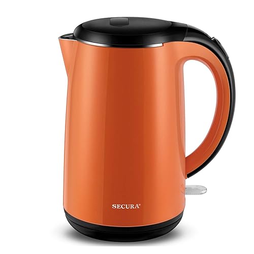 Secura Original Stainless Steel Double Wall Electric Water Kettle 1.8 Quart with Auto Shut-Off & Boil-Dry Protection, Orange SWK-1701DO/HB-3227B