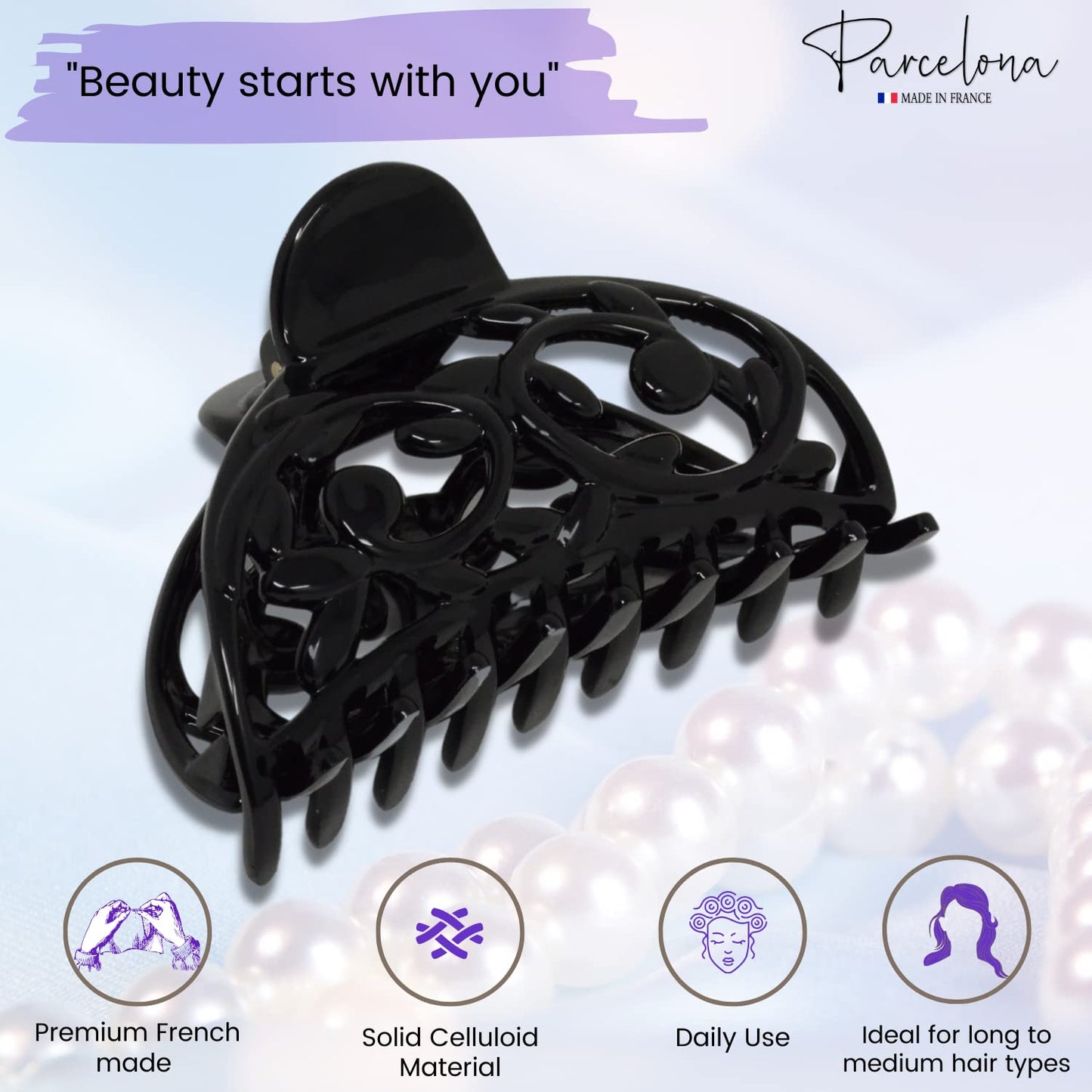 Parcelona French Jardin Black Medium Covered Spring Celluloid Jaw Hair Claw Clip Clamp Clutcher