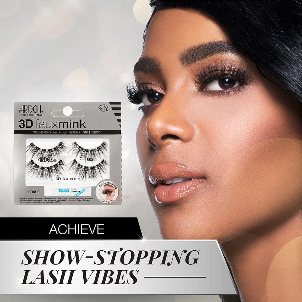 Ardell 3D Faux Mink Lashes 863 with DUO Lash Adhesive Pipette, 1g - Long-Lasting, Natural Look False Eyelashes, 1 Pack