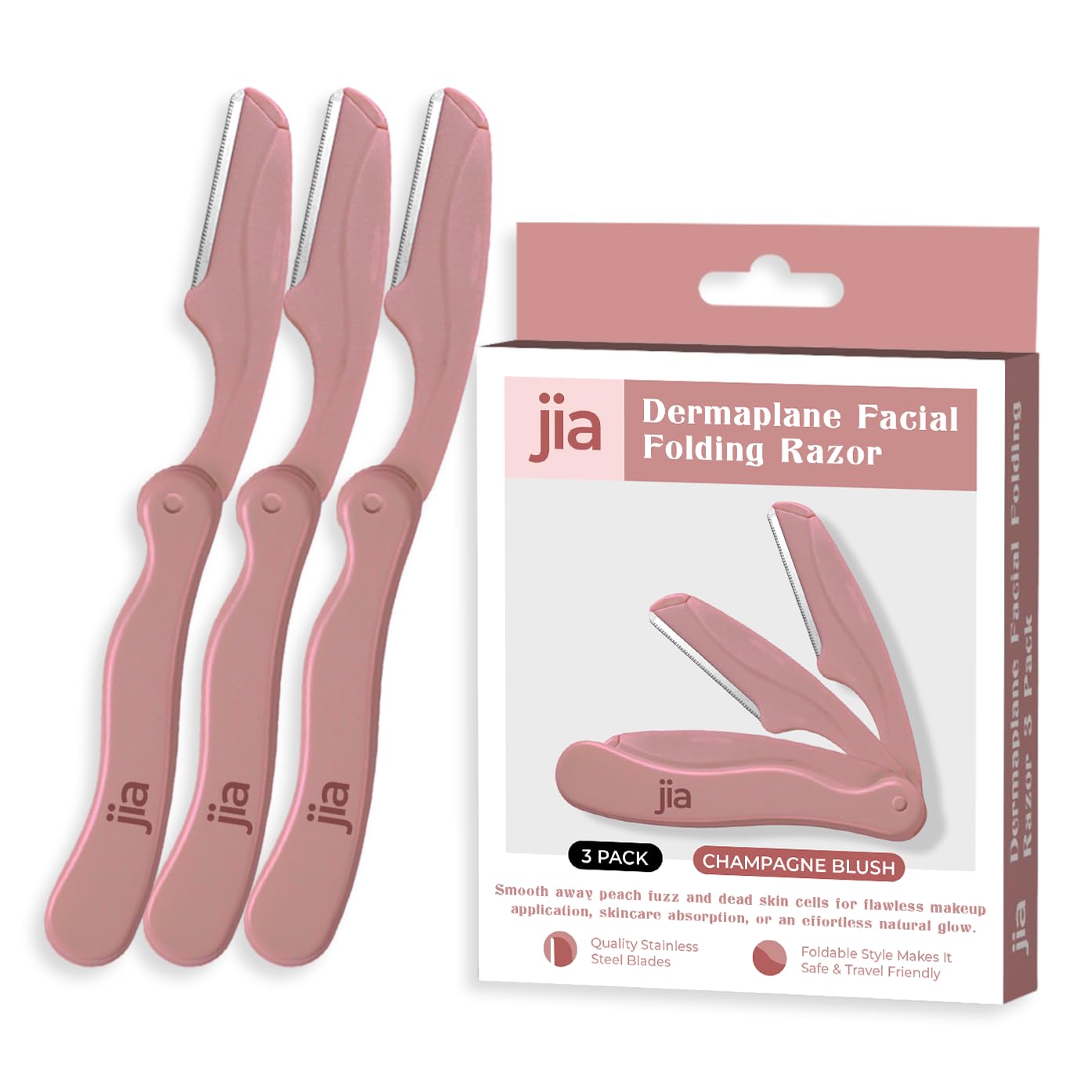 Jia Dermaplane Facial Folding Razor 3-Pack, Champagne Blush - Eyebrow Trimmer & Face Shaver for Women and Men, Peach Fuzz & Dead Skin Cell Removal Beauty and Personal Care jia Personal Care