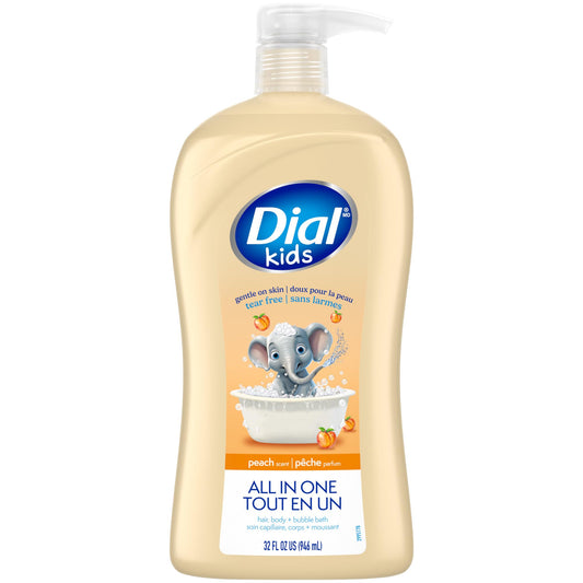 Dial Kids All-in-1 Body + Hair + Bubble Bath, Peach Scent, 32 Fl Oz, Hypoallergenic Body Wash & Shampoo, No Tears Formula for Kids 2+ Years, No