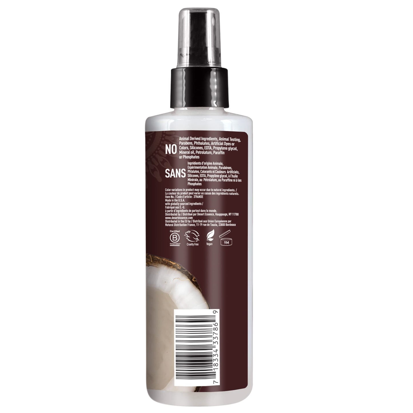 Desert Essence Coconut Hair Defrizzer & Heat Protector 8 fl oz - Gluten Free, Vegan, Cruelty Free - Coconut Oil & Jojoba Seed Extract - Protects Hair