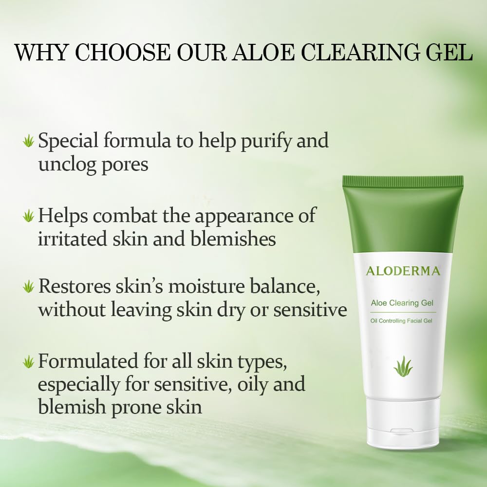 Aloderma Aloe Clearing Gel for Clear Complexion with 90% Organic AloeVera - Moisturizing, Oil Controlling Facial Lotion with Allantoin, Wintergreen