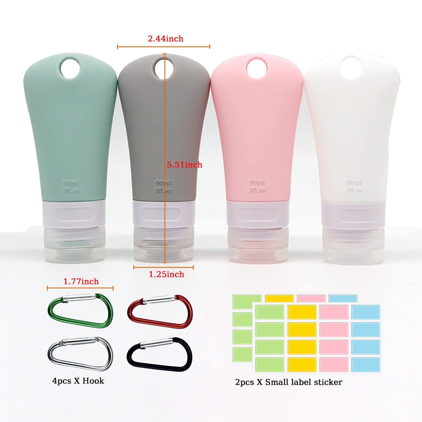 BetterJonny 4 Pcs Silicone Travel Bottles Set, Leak Proof Squeezable Tubes Set with Keychain and EVA Bag - Refillable Travel Accessories for Shampoo