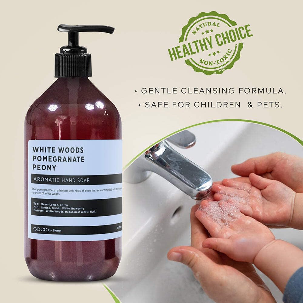 COCO by Stone 16oz Hand Soap (White Woods | Pomegranate | Peony Inspired by Aria Hotel) - Castile Soap for Soft Cleansing and a Floral-Fruit Vegan