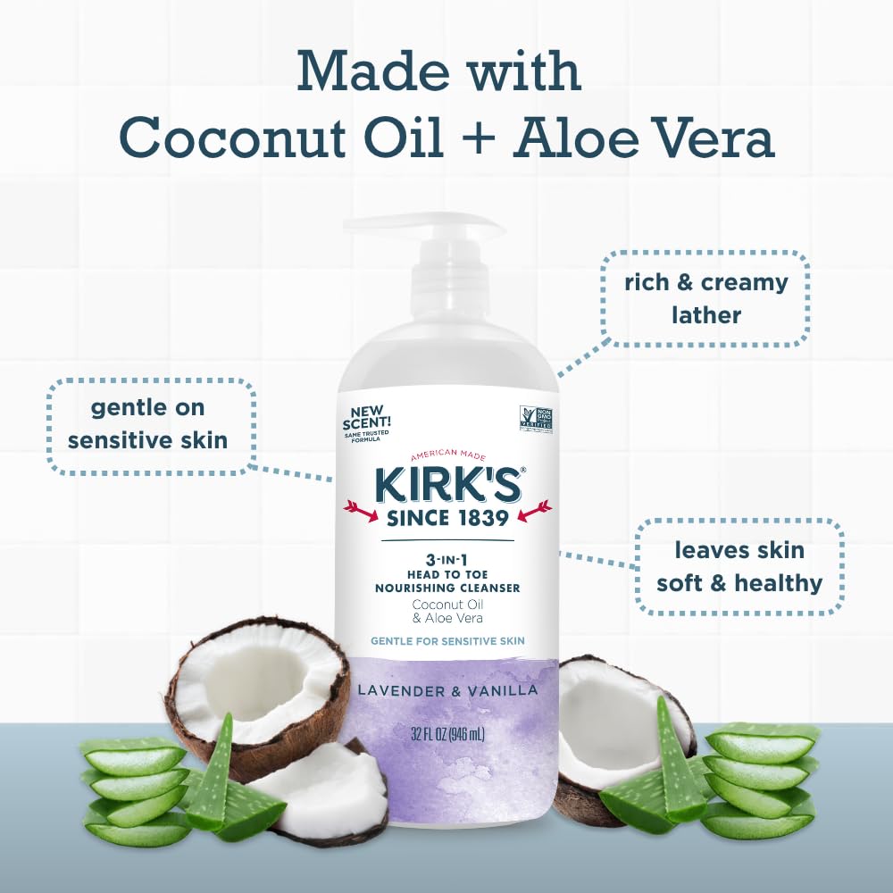 Kirk's 3-in-1 Head to Toe Nourishing Liquid Cleanser- for Men, Women & Children - Premium Coconut Oil & Aloe Vera- Non GMO & Vegan - Lavender