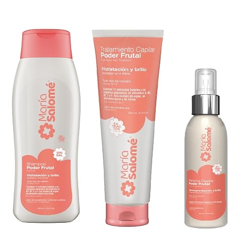 María Salomé Poder Frutal 3-Piece Hair Care Set, Shampoo 400ml, Treatment 250ml, Hair Perfume 120ml, Hydration and Shine, Sulfate Free