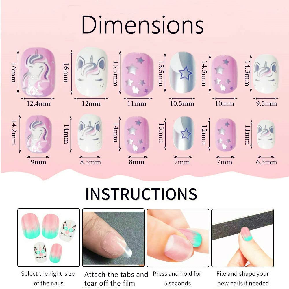 Rain Bingo 72 Pieces False Nails Press on Nails for Kids- Unicorn Short Fake Artificial Full Cover Nail Art Kits Transation with Nail Glue Tabs