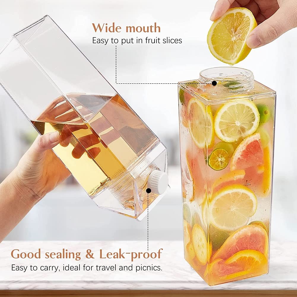 Milk Carton Water Bottle 17oz (500mL) Plastic Clear Square Milk Bottles BPA Free Leakproof Milk Carton Cups Portable Reusable Milk Carton Shaped