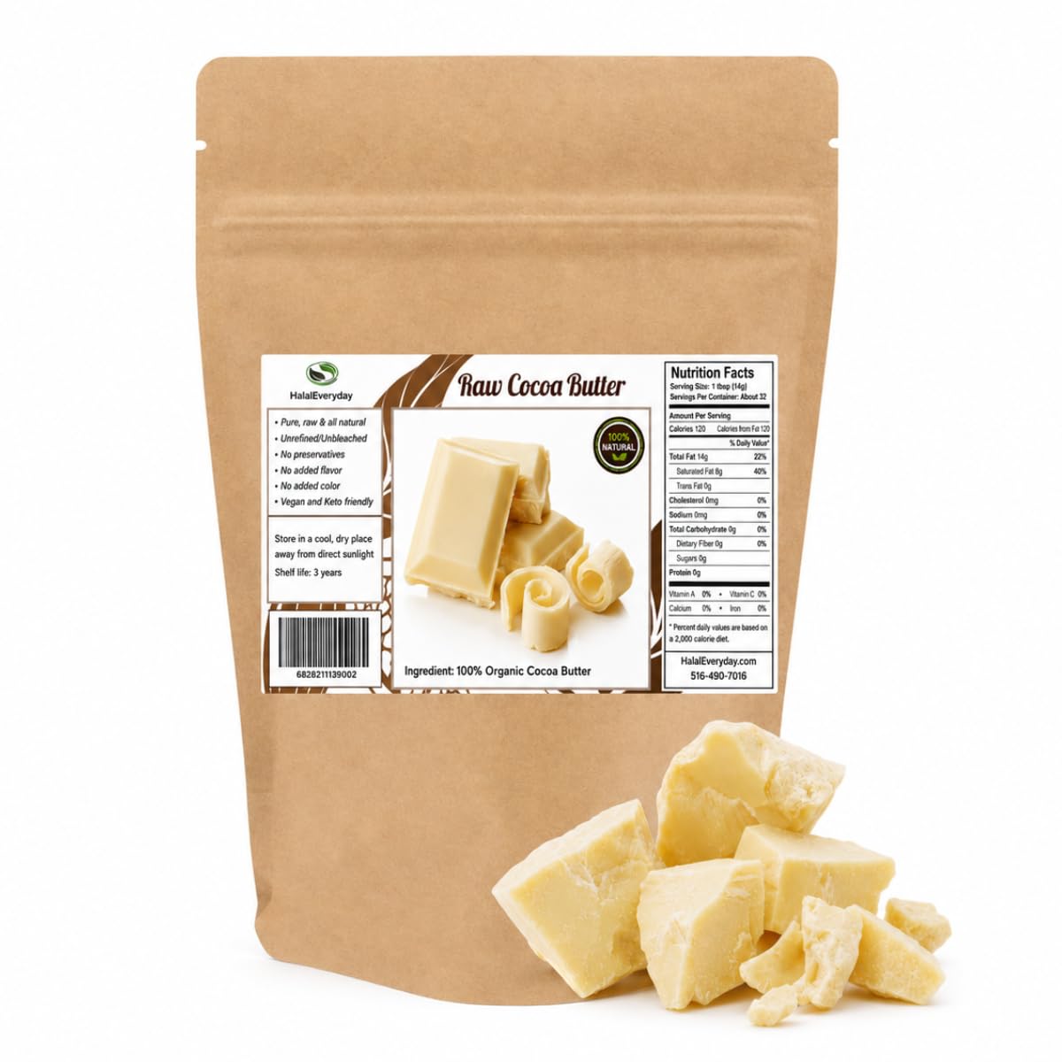 1 Lb Ecuadorian Cocoa (Cacao) Butter - Pure, Raw and Unprocessed - Use for Lotion, Cream, Lip Balm, Oil Stick or Body Butter - NON-GMO, Vegan