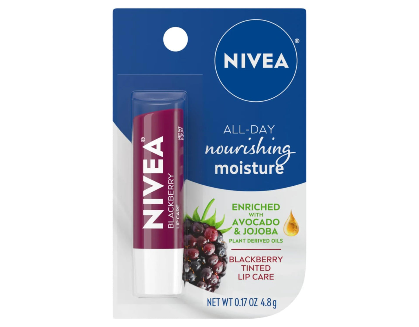 NIVEA Blackberry Lip Care, Tinted Lip Balm with Shea Butter, Nourishing Oils and Vitamin C & E, 3-in-1 Moisture, Repair (for Dry Lips) and Color, 0.17