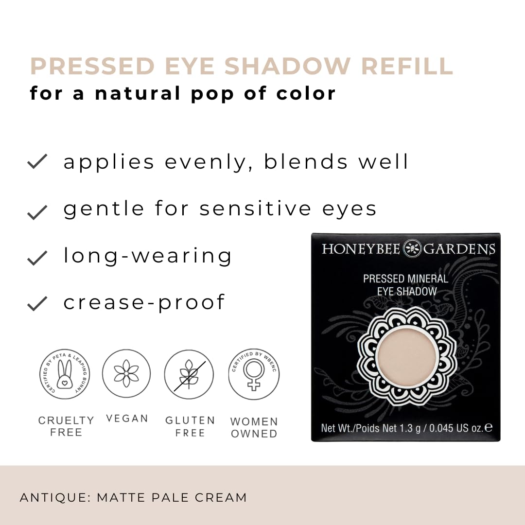 Honeybee Gardens Pressed Powder Eye Shadow Single REFILL, Antique, Matte Pale Cream Bisque, Long-Wearing, Creaseproof Mineral Color With Botanicals