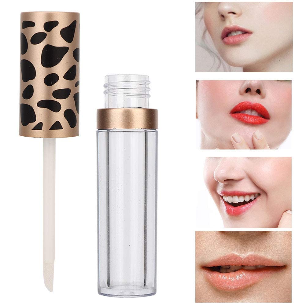 Qiterr 10PCS Empty Lip Gloss Tubes with Wand, Refillable Lip Gloss Containers, DIY Empty Lip Balm Tubes, Makeup Tool (5ML/PC Leopard Print Gold Ring)