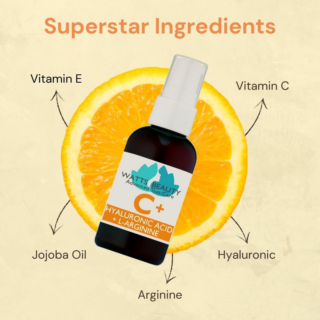 Watts Beauty Supercharged Vitamin C Serum with Moisturizing Hyaluronic Acid - Advanced Antioxidant Face and Body Serum - 2 oz