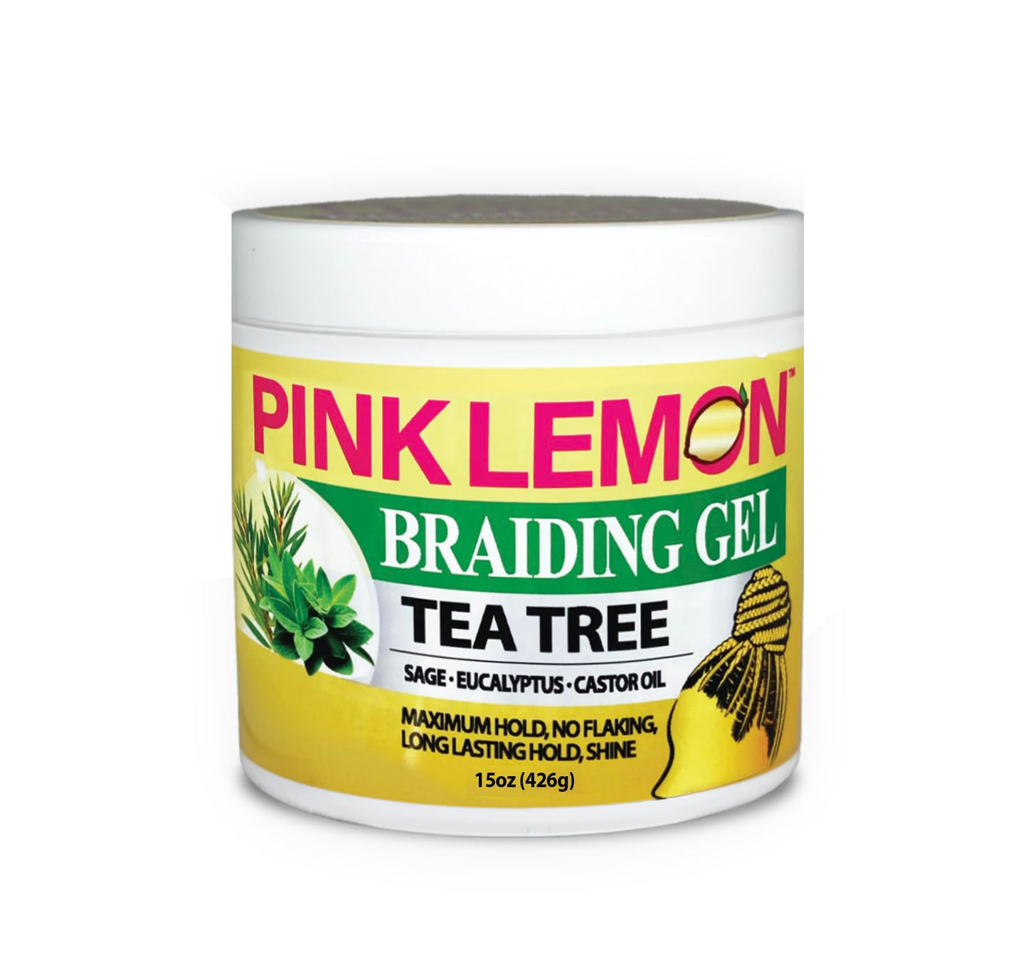 PINK LEMON Braiding Gel - Tea Tree - Maximum Hold, No Flaking, Long Lasting Hold, High Shine. For Micro, Inter, Dread, Faux, Loc, Twist, Braid, Edge