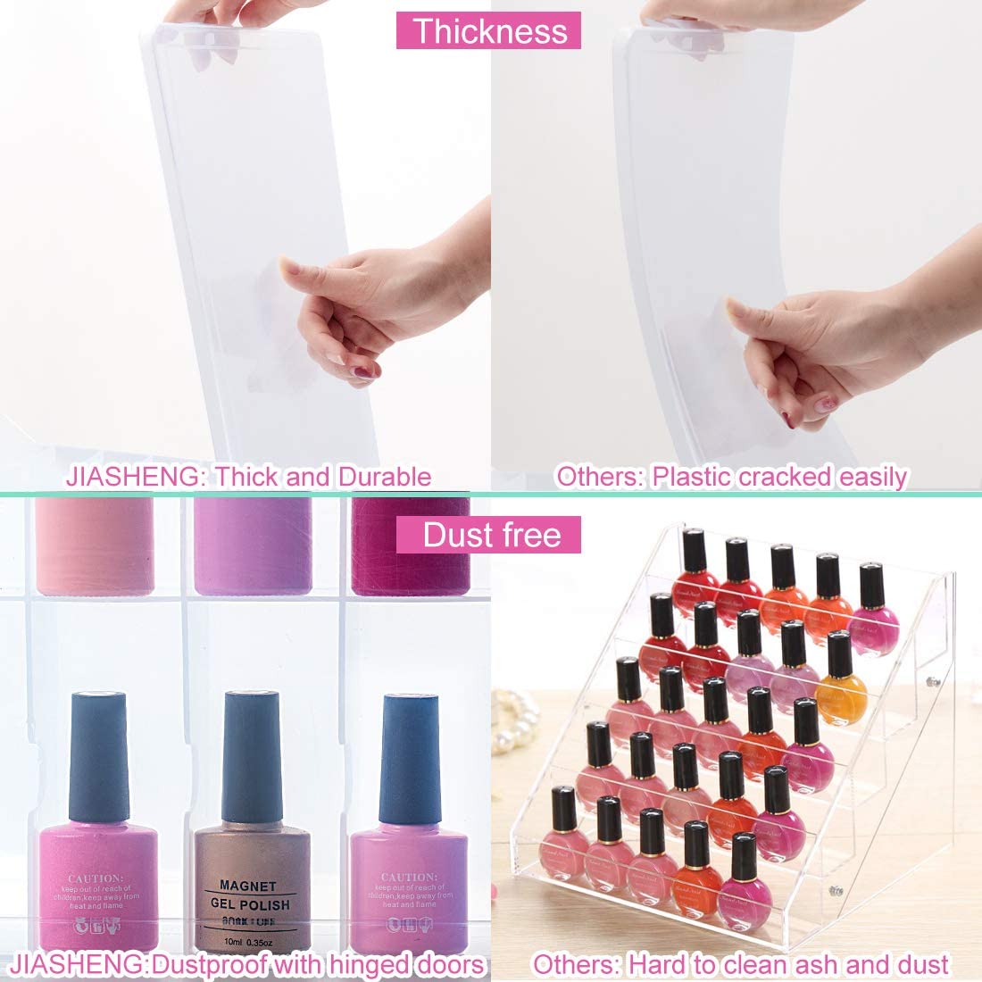 JIASHENG Nail Polish Organizer Case for 48 Bottles, Gel Nail Polish Storage Holder Double Side Adjustable Space Divider for Acrylic Nail Gel Dip