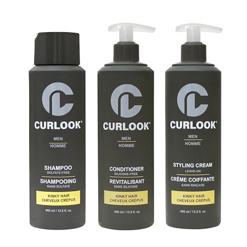Curlook Kinky-Coily Package | Sulfate-Free, Silicone-Free Shampoo, Conditioner & Leave-In Styling Cream Set for Men | 400ml (13.5 oz) Each Bottle |