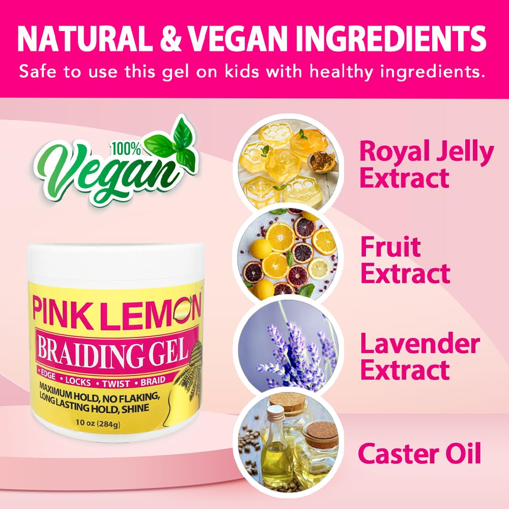 PINK LEMON Braiding Gel- Maximum Hold, No Flaking, Long Lasting Hold, High Shine. For Micro, Inter, Dread, Faux, Loc, Twist, Braid, Edge. (10 oz)