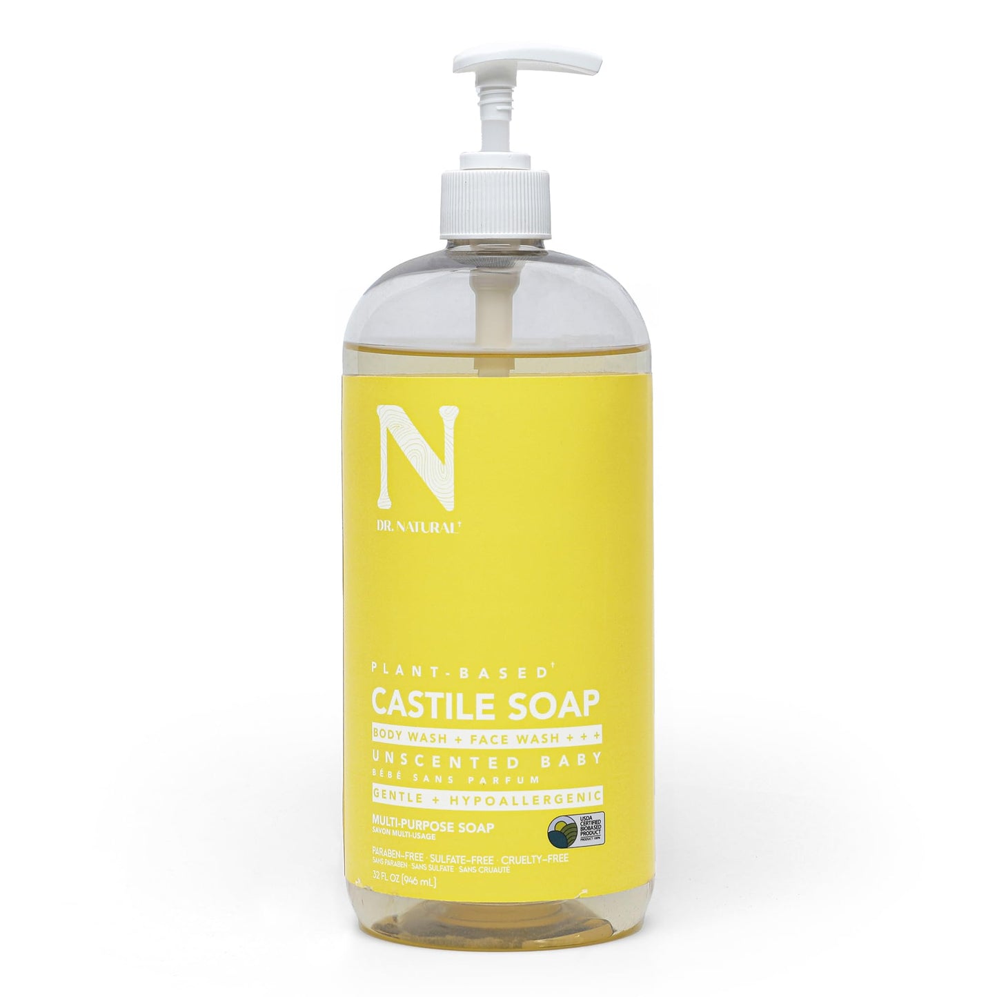 Dr. Natural Castile Liquid Soap - Multi-Use Body Wash, Shampoo and Face Wash - Body Soap for Skin, Hair, Pets and Home - Unscented Baby - 32 oz