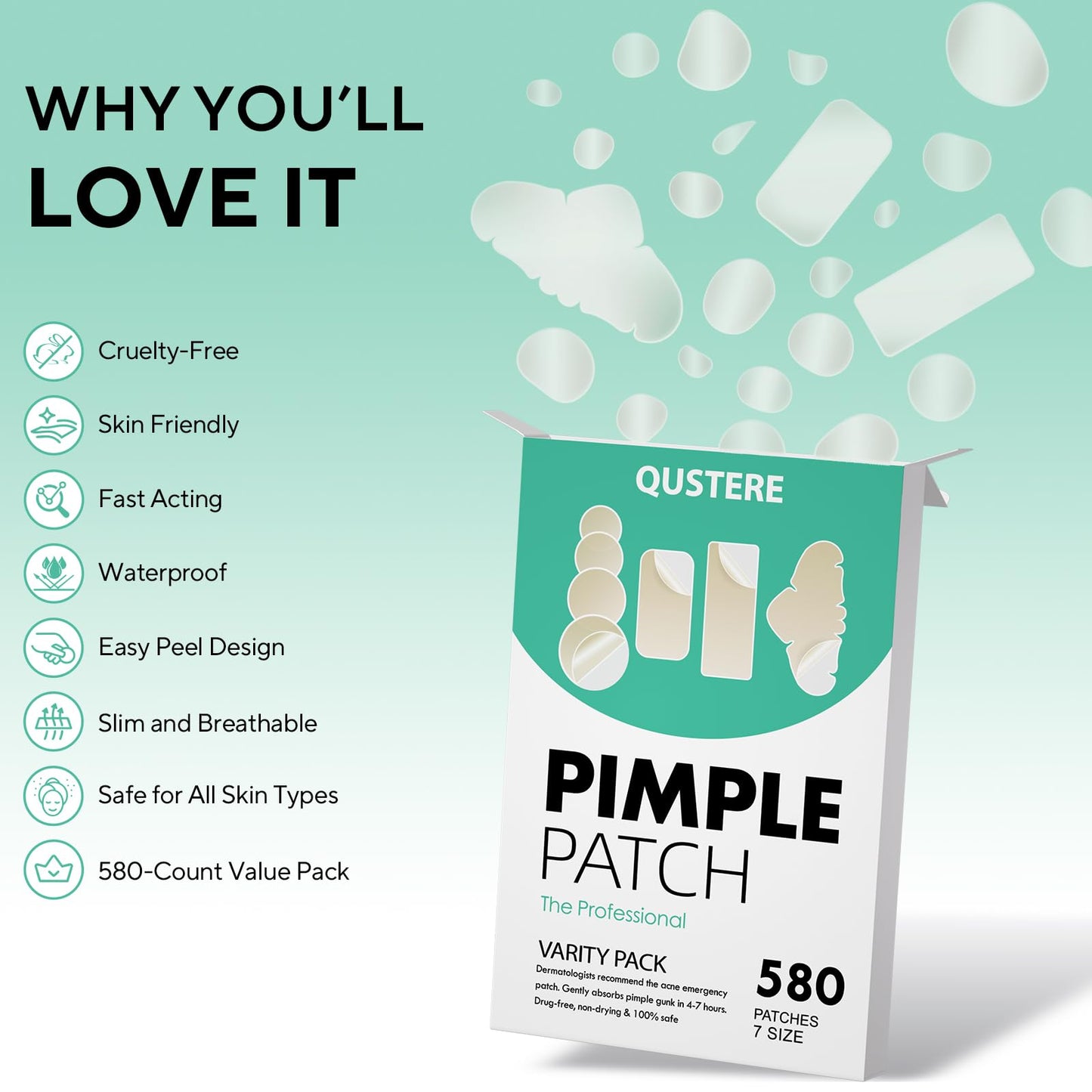QUSTERE 580 Count Pimple Patches for Face, Large Hydrocolloid Acne Patches Stickers Bandages, Blemishes Zit Breakouts for Cheeks, Forehead, Chin, Nose Beauty and Personal Care QUSTERE