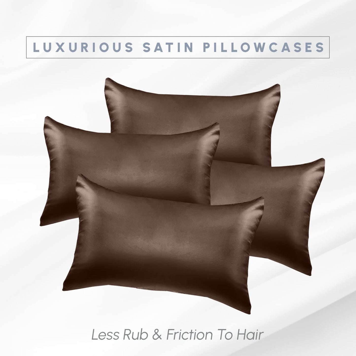 Elegant Comfort 4-PACK Chocolate Brown Satin Pillowcase Set with Hidden Zipper closure, Silky Smooth for Hair and Skin Care-Beautiful Gift Box-4-Piece