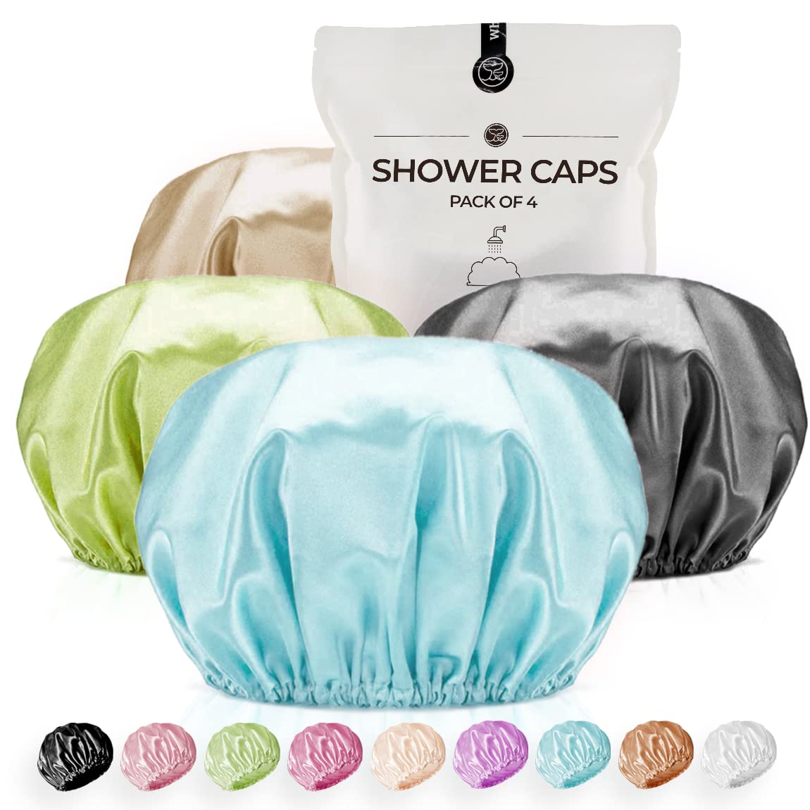 Shower Cap for Women Reusable Extra Large Shower Caps for Men Satin Double Layer EVA Waterproof Long Hair Caps(Baby Blue, Brown, Dark Grey, Green 4