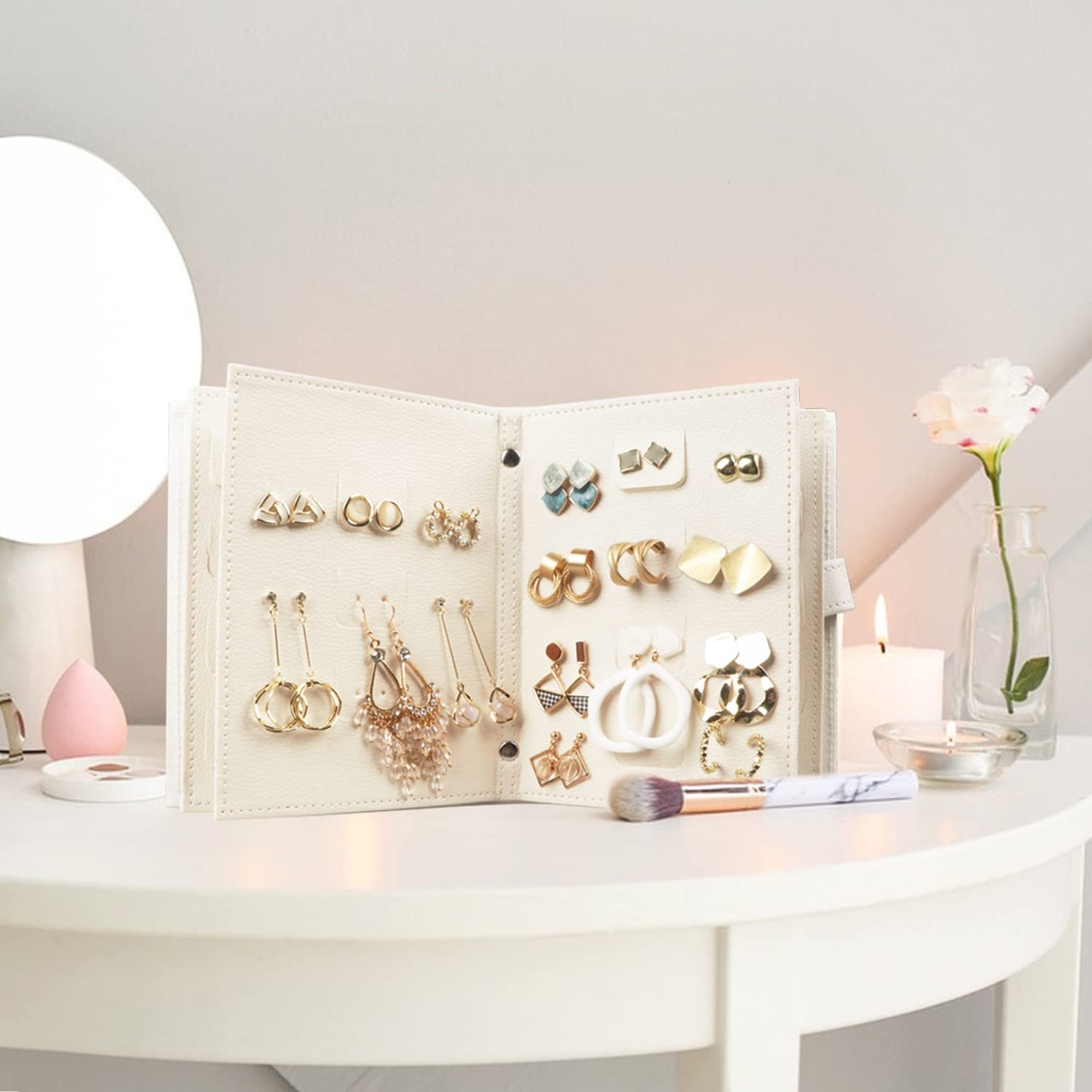 Fangoo Earring Organizer Book Design Earring Holder Travel Jewelry Storage Case Tray Holder, Capable to Hold 42 Pairs (White)