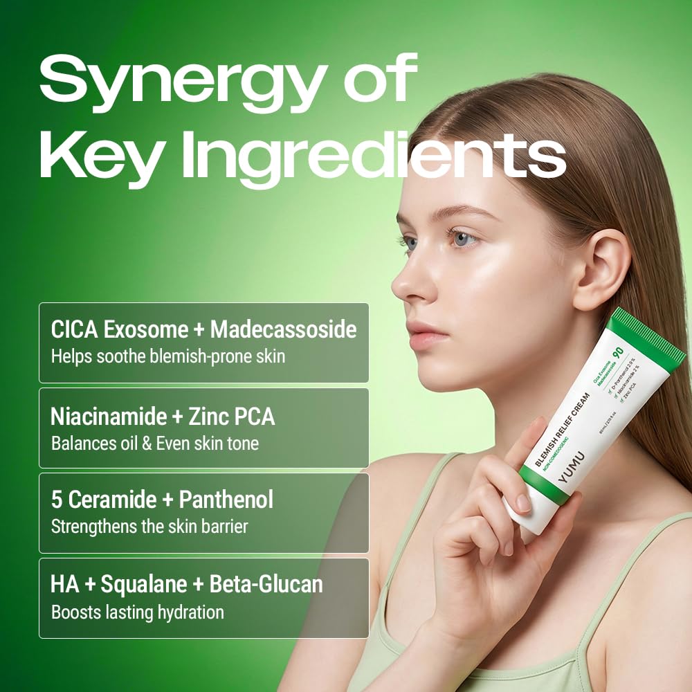 YUMU Cica Exosome Zinc Blemish Relief Cream, Face Moisturizer for Sensitive, Acne-Prone Skin, Lightweight, Breakouts, Barrier Repair, Hydration Beauty and Personal Care YUMU