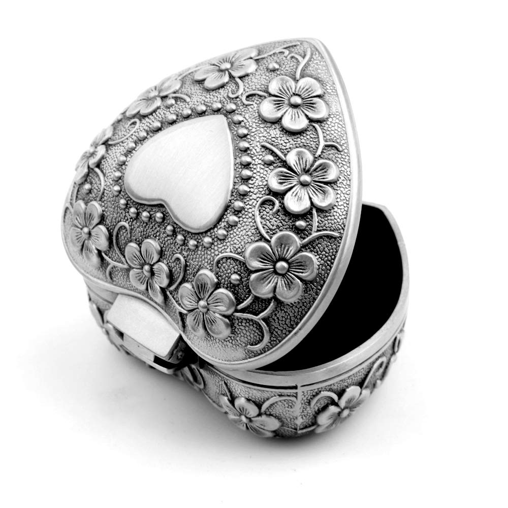 Luxuryseed Classic Vintage Smart Heart Shape Trinket Box Antique Silver Jewelry Box Small Trinket Storage Organizer Chest