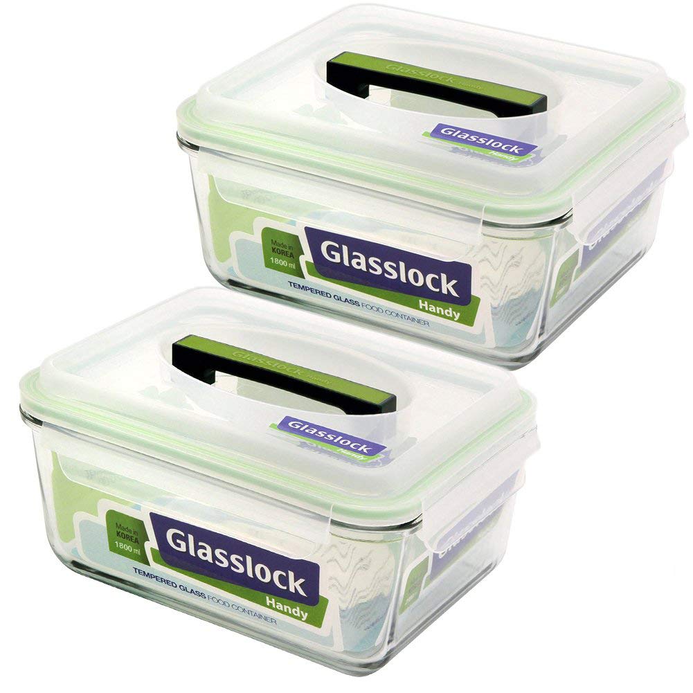 Glasslock Airtight Anti Spill Rectangular Handy Food Container set of 2 Tempered Glass 1800ml/7.6cup RP601 Microwave Safe