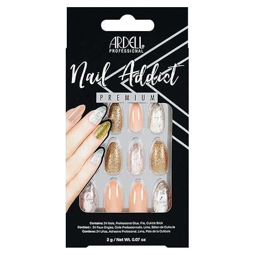 Ardell Nail Addict Premium Press On Nails - Pink Marble & Gold, Almond Fake Nails, 24-Pc Nail Extensions with Glue, Nail File & Cuticle Stick Beauty & Personal Care Ardell