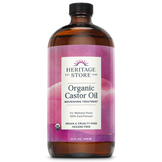 HERITAGE STORE Organic Castor Oil - Glass Bottle - Nourishing Treatment for Hair and Skin - Hair Oil, Eyelash Serum for Eyelashes, Brows, Castor Packs