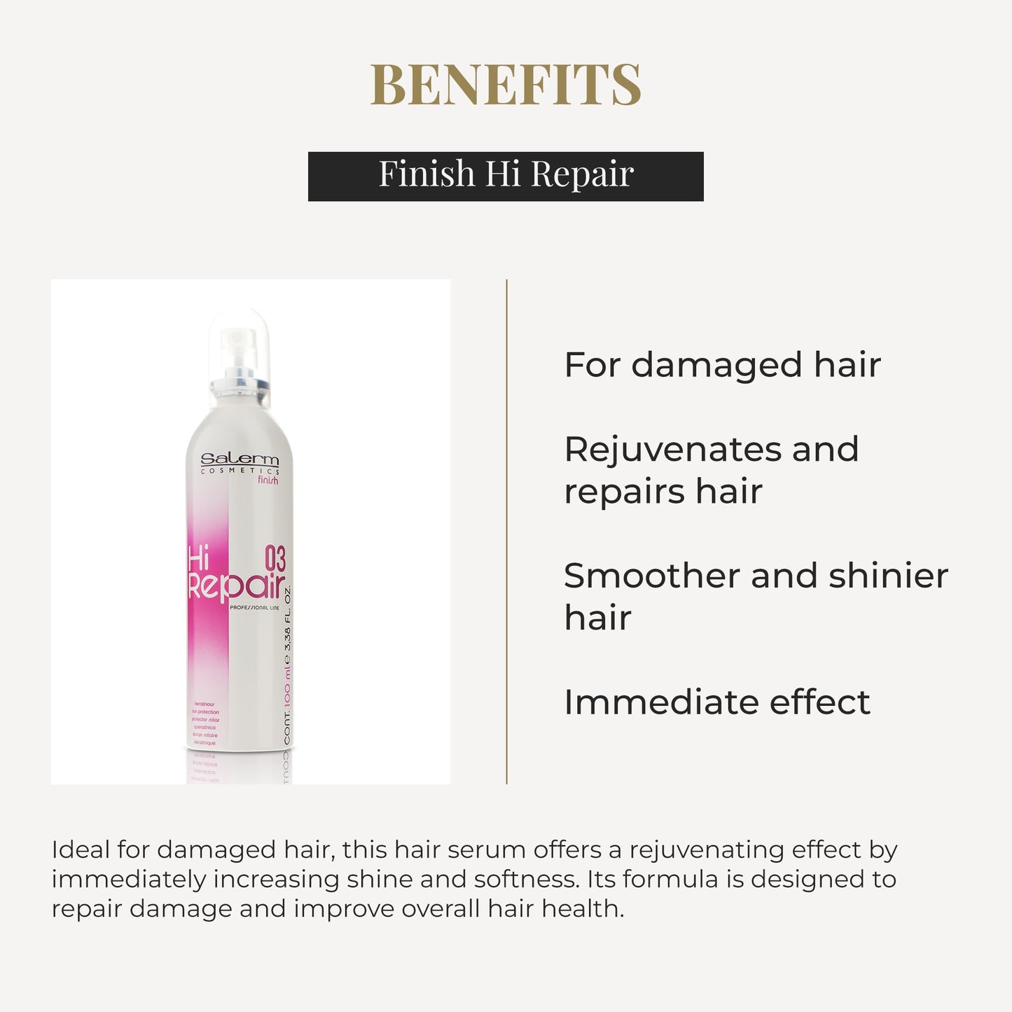 SALERM - Texturizing Hair Serum - Finish Hi Repair - 100 ml - For Damaged Hair - Rejuvenates and Repairs Hair - Softer and Shinier Hair - Immediate