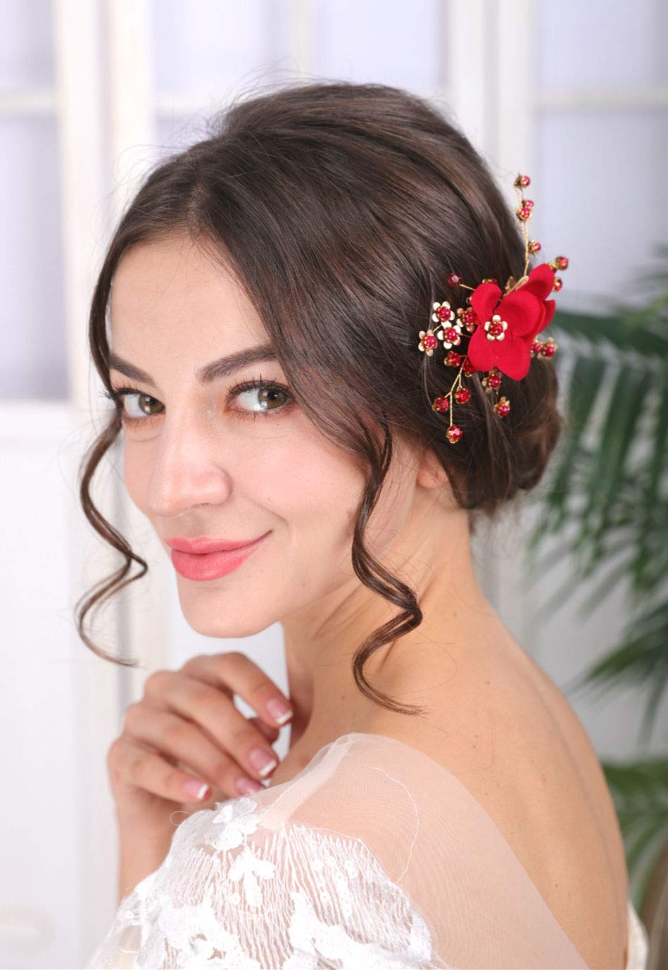 Sither Red Hair Clip for Bridal Floral Hair Comb for Women Wedding Hair Accessories for Bride Hair Clip Headpiece for Wedding Party Prom Gift
