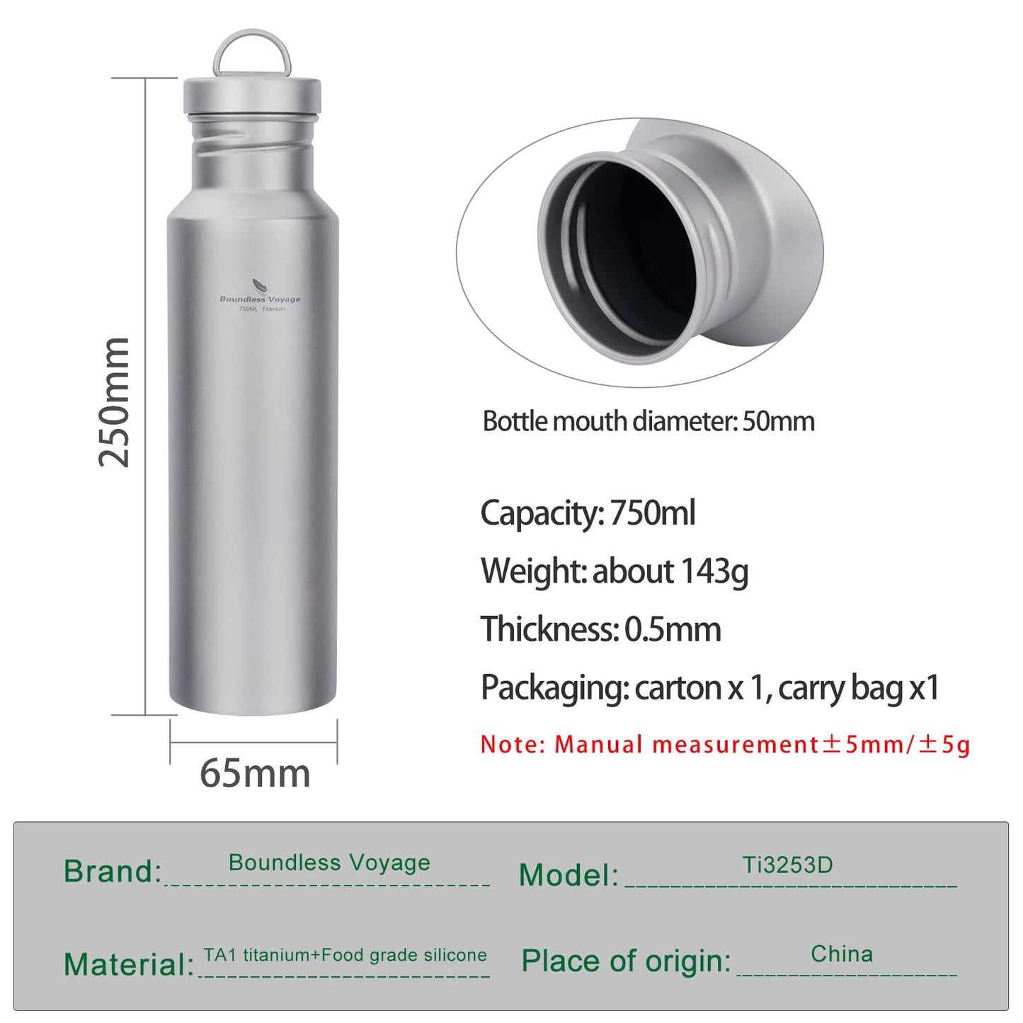 usharedo Outdoor 750ml Titanium Sports Bottle with Lid Flask Wide Mouth Water Bottle Canteen Drinking Bottle for Camping Cycling Hiking Ti3253d