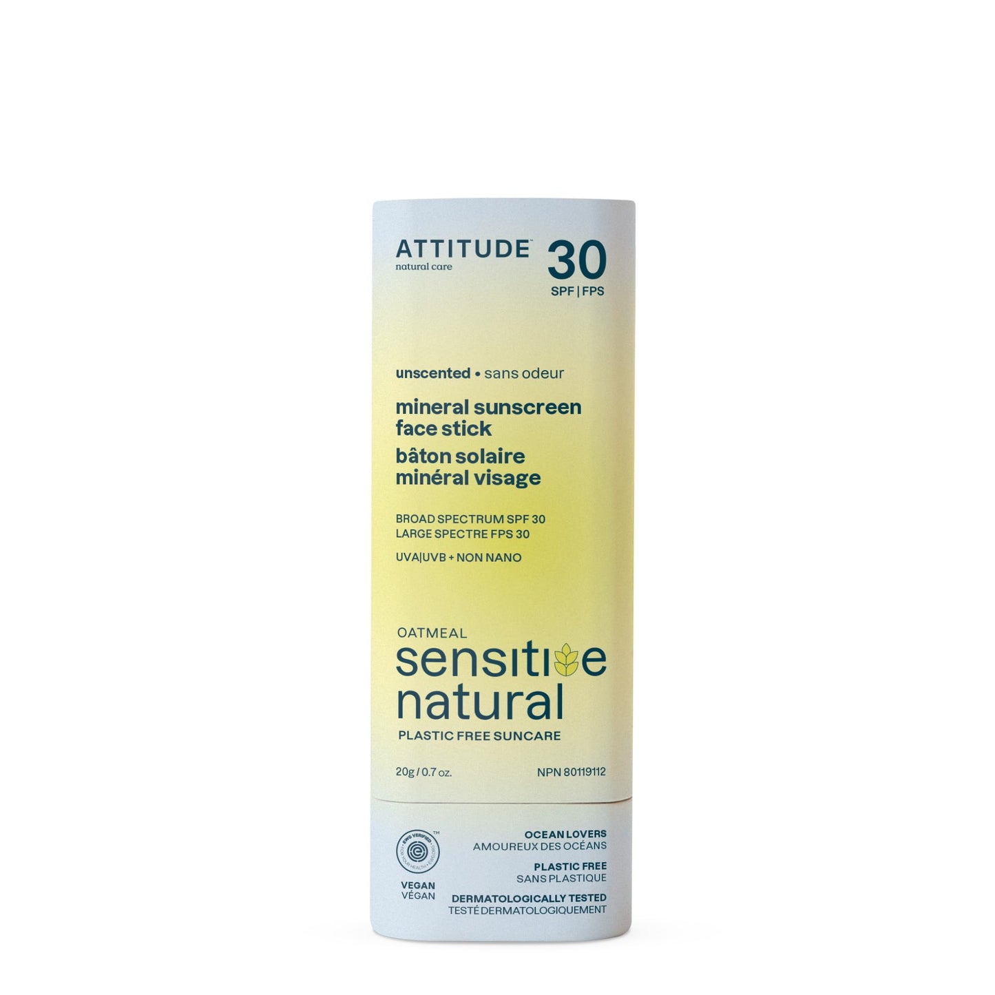ATTITUDE Mineral Sunscreen Face Stick for Sensitive Skin, SPF 30, EWG Verified, Plastic-Free, Broad Spectrum UVA/UVB Protection with Zinc Oxide