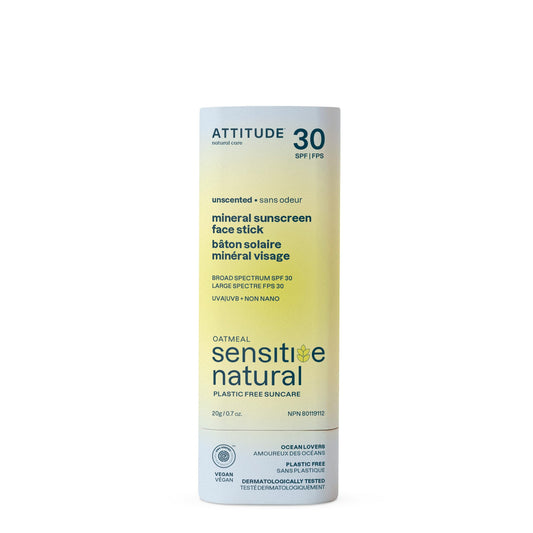 ATTITUDE Mineral Sunscreen Face Stick for Sensitive Skin, SPF 30, EWG Verified, Plastic-Free, Broad Spectrum UVA/UVB Protection with Zinc Oxide
