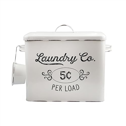 AuldHome Design Farmhouse Laundry Powder Container, White Enamelware Detergent Bin w/ Scoop