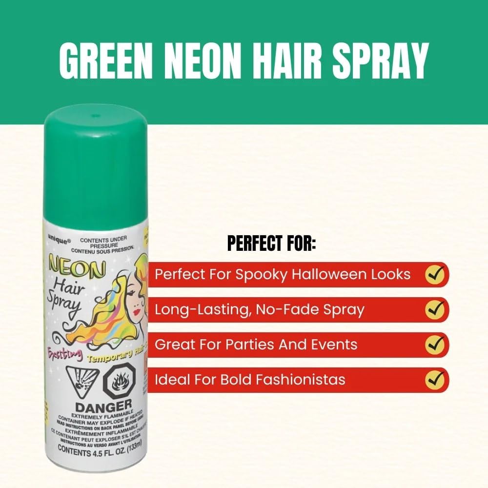 Green Neon Hair Spray - Perfect for Your Bold Standout Look & Special Events,- 3.17 fl oz (1 Pc)